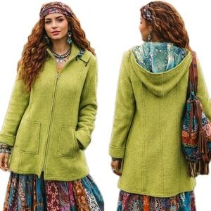 Blue Sky‎ Coat Womens Small Lime Green Boiled Wool + Viscose Hooded Floral Lined